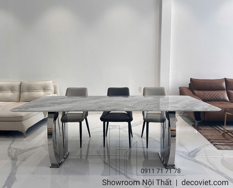 bàn ăn chân inox mặt đá sang trọng