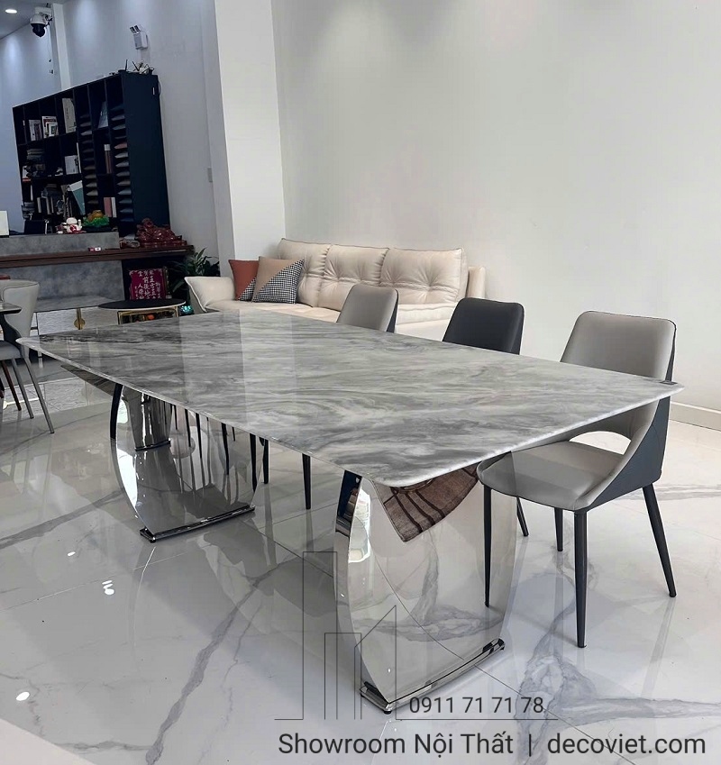 bàn ăn chân inox mặt đá 2m2