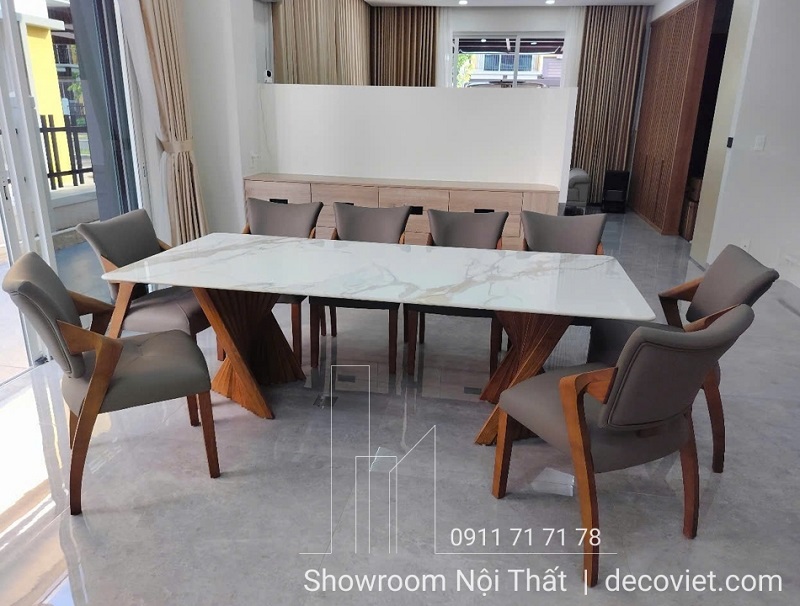 bàn ăn chân gỗ mặt đá 8 ghế hiện đại