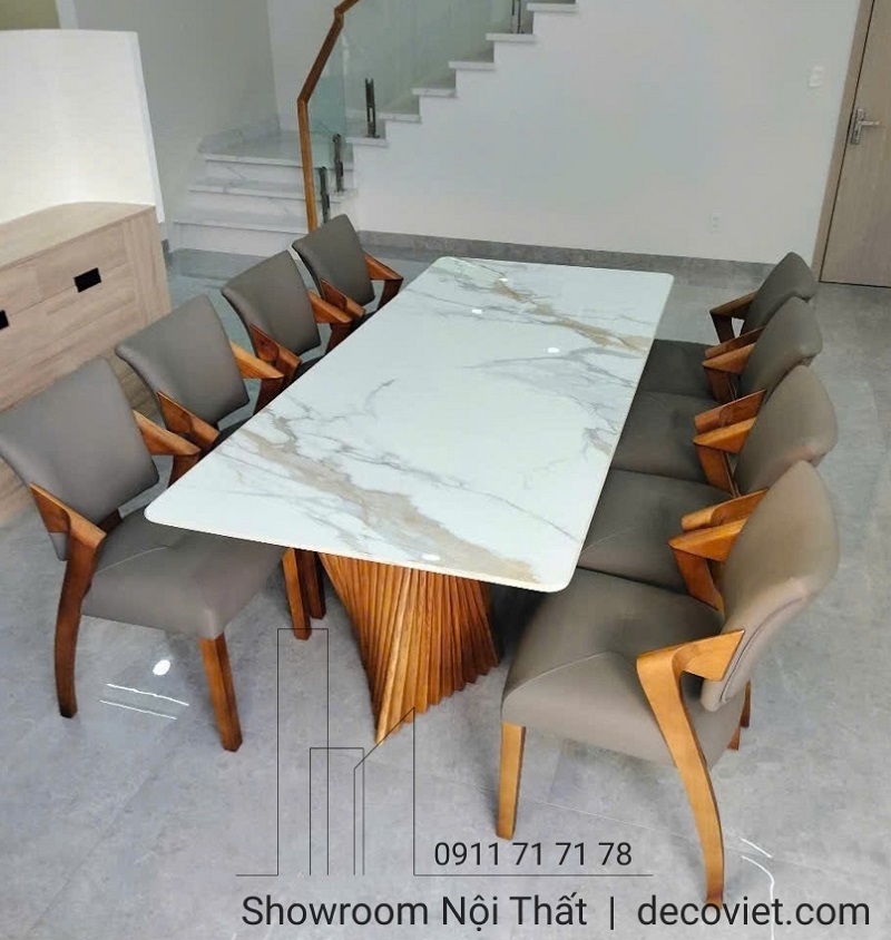 bàn ăn chân gỗ mặt đá cao cấp