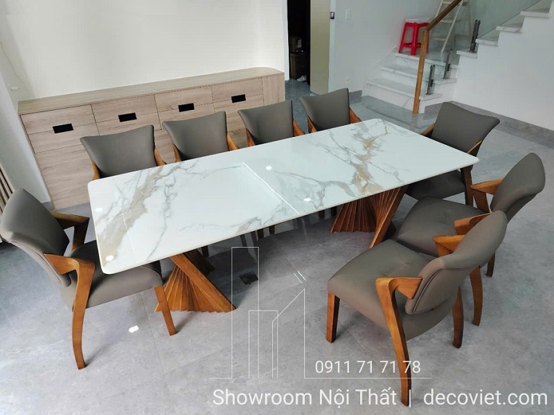 bàn ăn chân gỗ mặt đá 8 ghế
