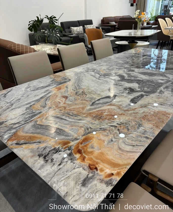 Bàn ăn 8 ghế gỗ sồi mặt đá cẩm thạch tự nhiên