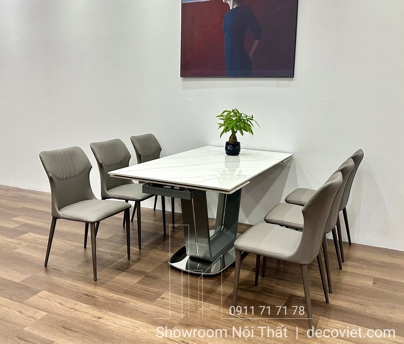 bàn ăn kéo dài mặt đá 8 người