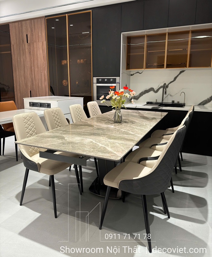 bàn ăn 8 ghế kéo dài mặt đá