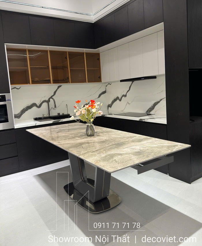bàn ăn 8 ghế kéo dài mặt đá