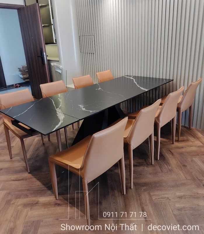 Bàn ăn kéo dài thông minh 8 ghế 2646S mặt đá ceramic đen vân mây sang trọng