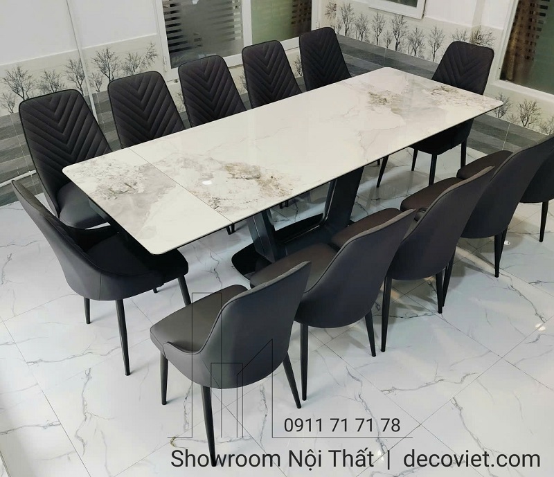 bàn ăn 12 ghế mặt đá kéo dài