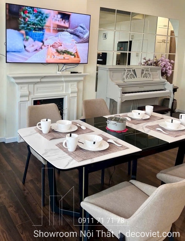 bàn ăn 4 ghế mặt đá kéo dài