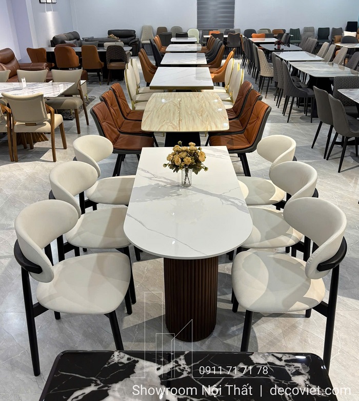 mẫu bàn ăn mặt đá 6 ghế chân gỗ tinh tế