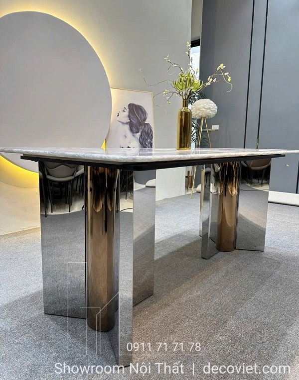 bàn ăn chân inox mặt đá