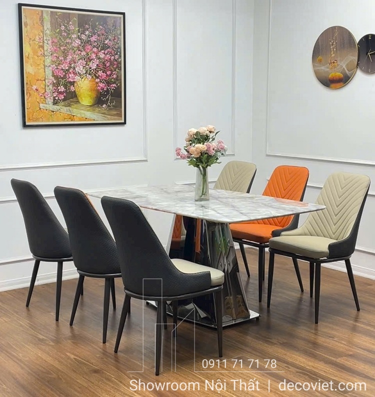 bàn ăn chân inox mặt đá 6 ghế
