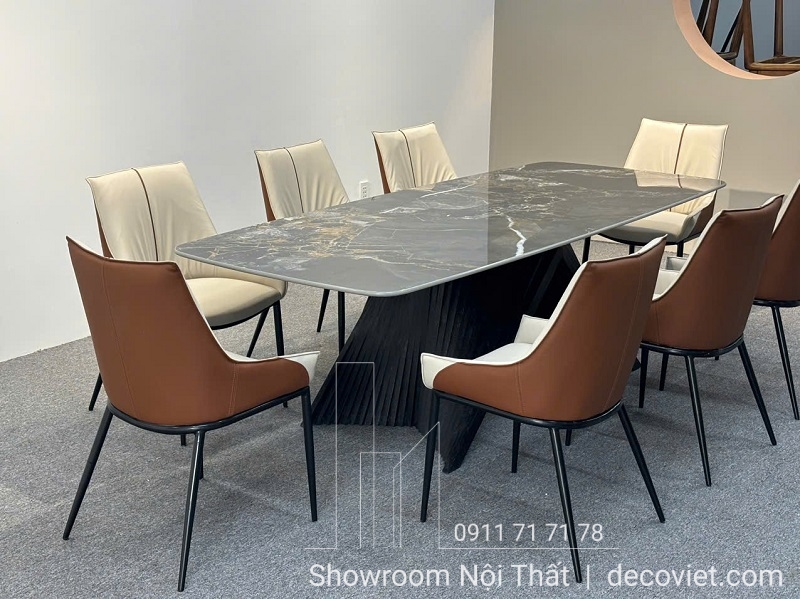 bàn ăn mặt đá chân gỗ 8 ghế