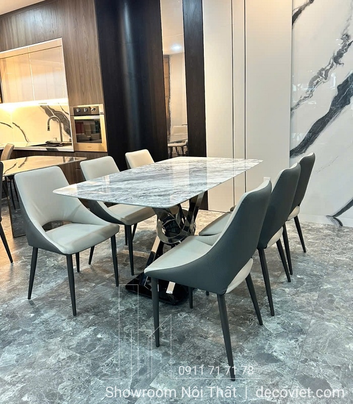 bàn ăn mặt đá cẩm thạch chân inox