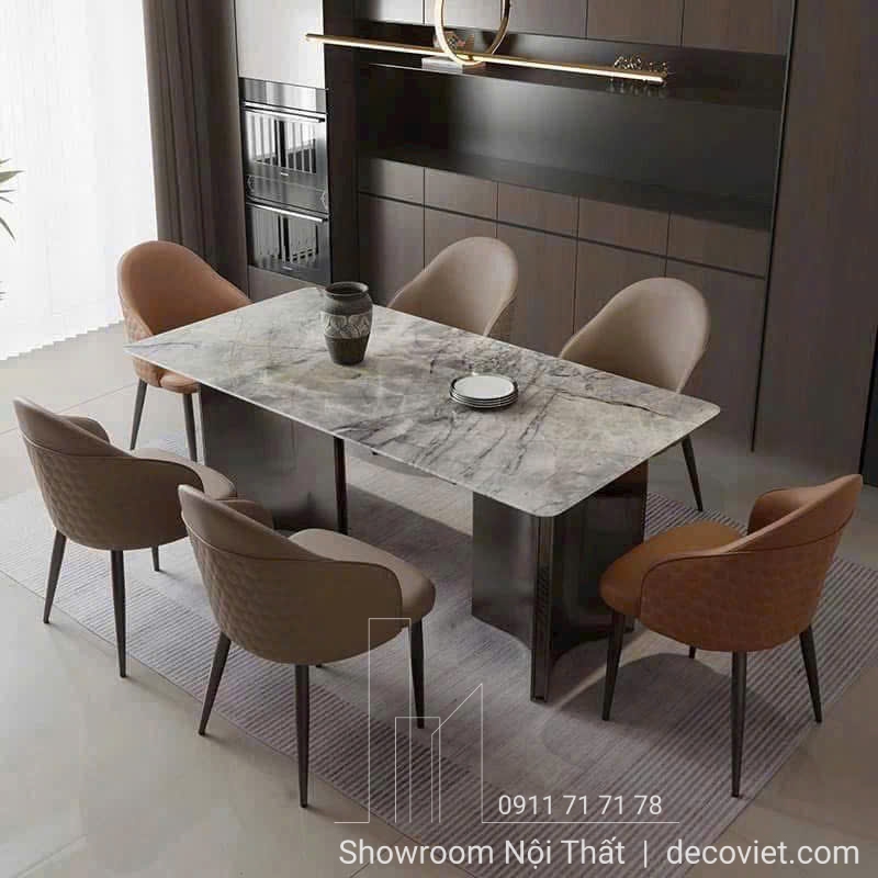 bàn ăn chân inox mặt đá cẩm thạch 6 ghế
