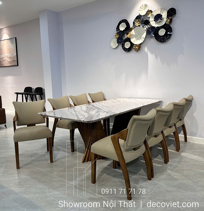bàn ăn chân gỗ mặt đá 8 ghế