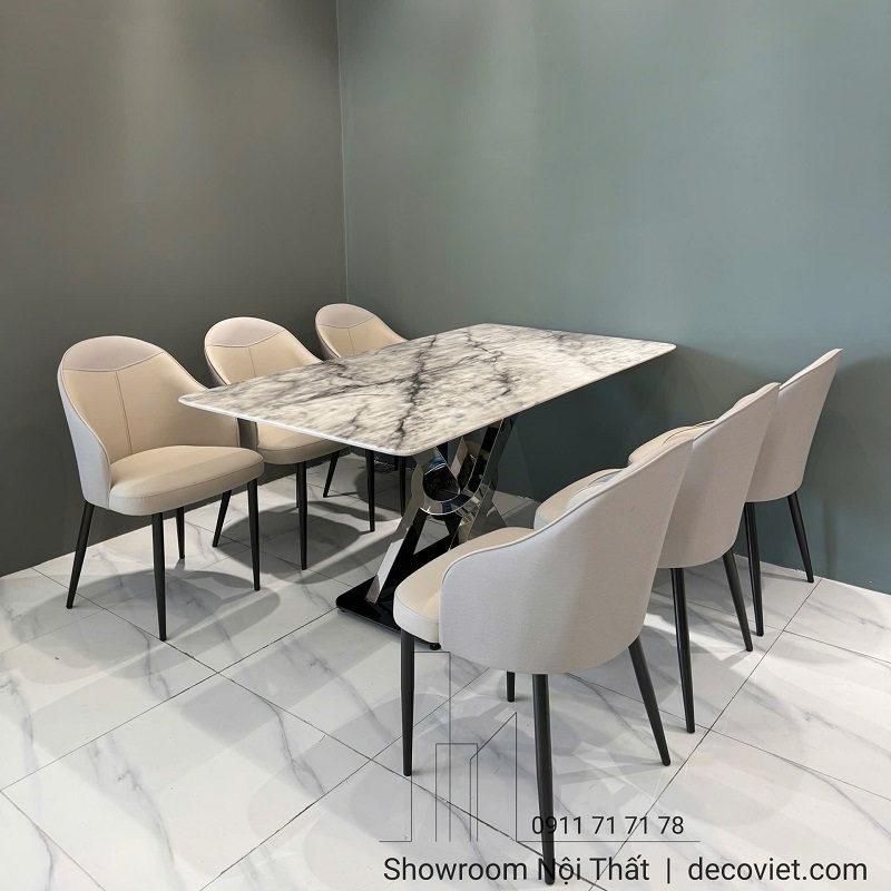 Bộ bàn ăn hiện đại 6 ghế mặt đá tự nhiên, khung chân inox chắc chắn