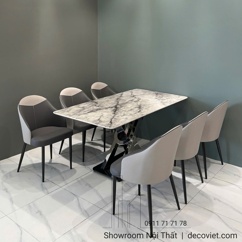 Bộ bàn ăn 6 ghế mặt đá cao cấp, thiết kế hiện đại cho phòng ăn sang trọng.