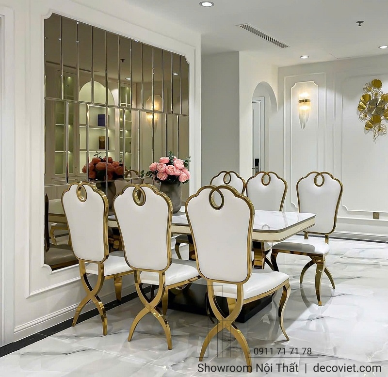 bộ bàn ăn mặt đá 6 ghế thiết kế tân cổ điển cao cấp, sang trọng