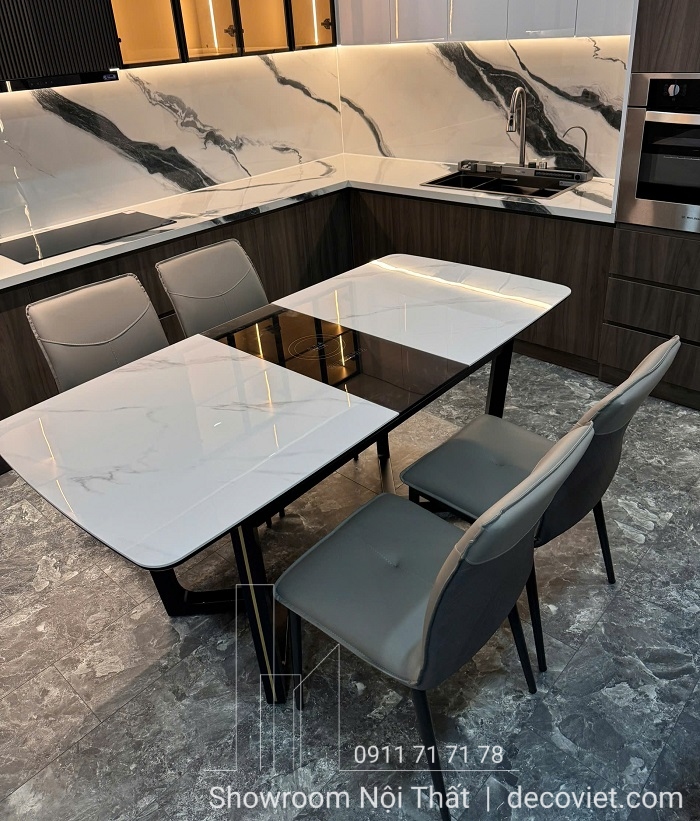 bàn ăn kéo dài mặt đá nhập khẩu có bếp từ