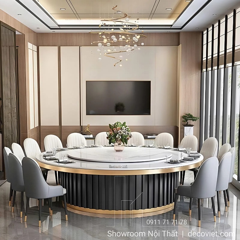 bộ bàn ăn mặt đá tròn xoay 20 ghế