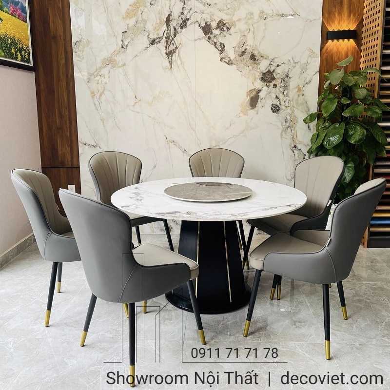 Bàn ăn tròn 6 ghế mặt đá sang trọng, thiết kế hiện đại, phù hợp căn hộ và nhà phố.