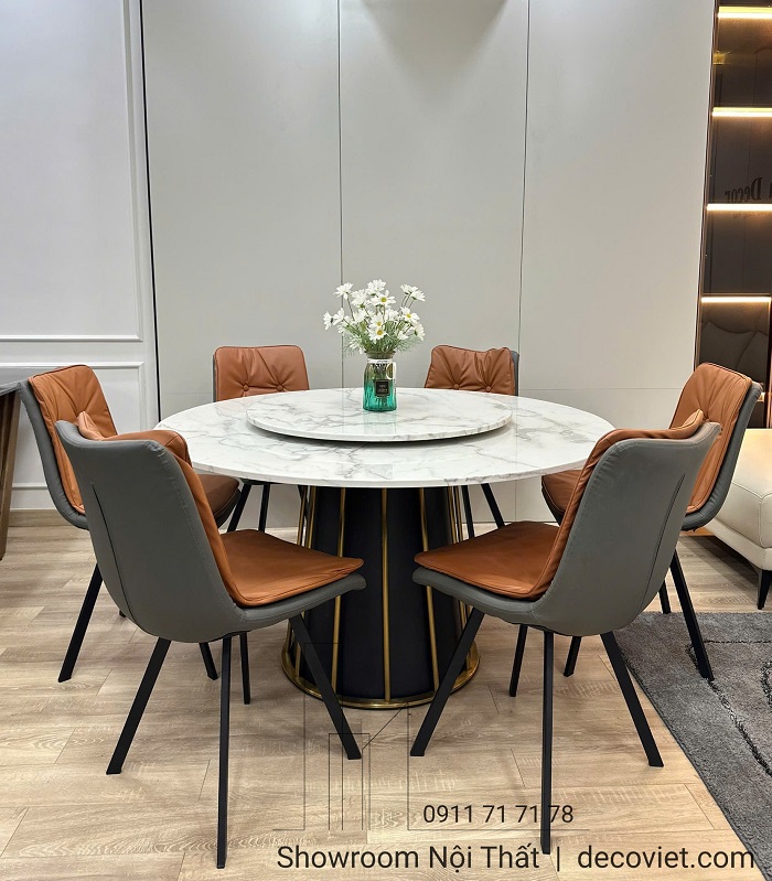 Bàn ăn mặt đá tròn 6 ghế màu nâu cam đẹp, sang trọng và tiện lợi