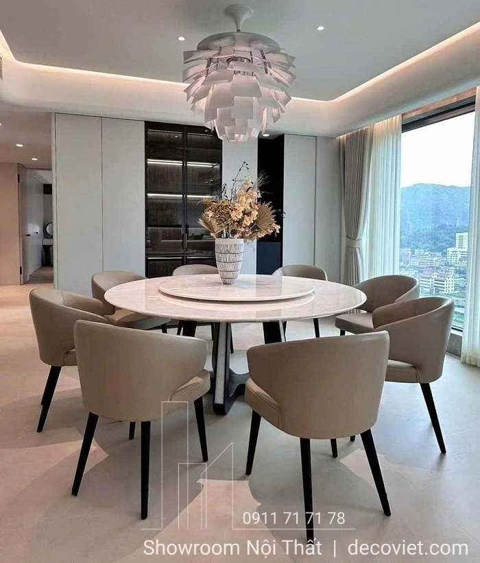 bàn ăn tròn mặt đá 8 người