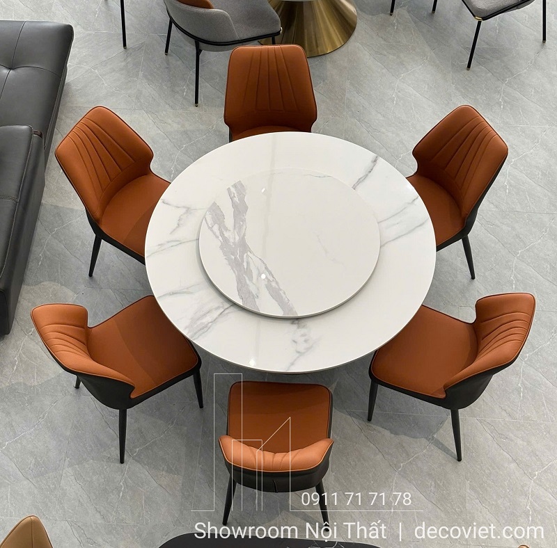 Bàn ăn tròn mặt đá chân gỗ 2603S phối ghế nhiều màu tại showroom