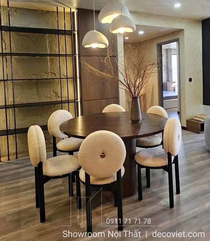 bộ bàn ăn mặt gỗ hình tròn 6 người