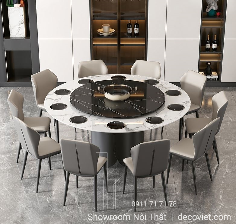 bàn ăn tròn xoay mặt đá 10 ghế có bếp từ