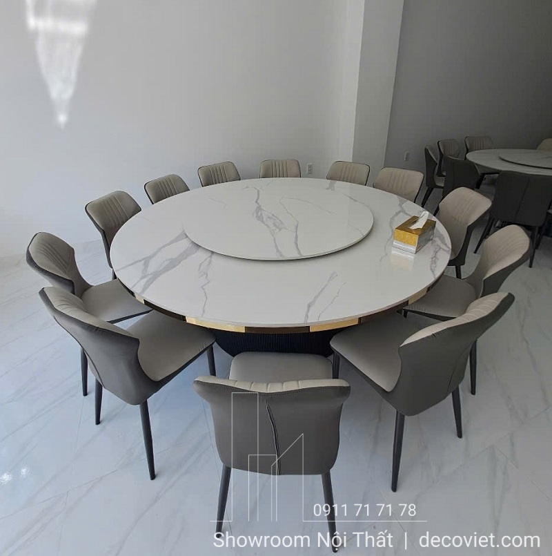 Bàn ăn tròn xoay mặt đá 12 ghế 2700S sang trọng cho phòng ăn hiện đại