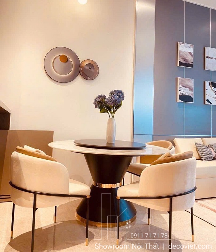 Bàn ăn tròn 6 ghế giá rẻ mặt đá xoay hiện đại cho phòng ăn gia đình