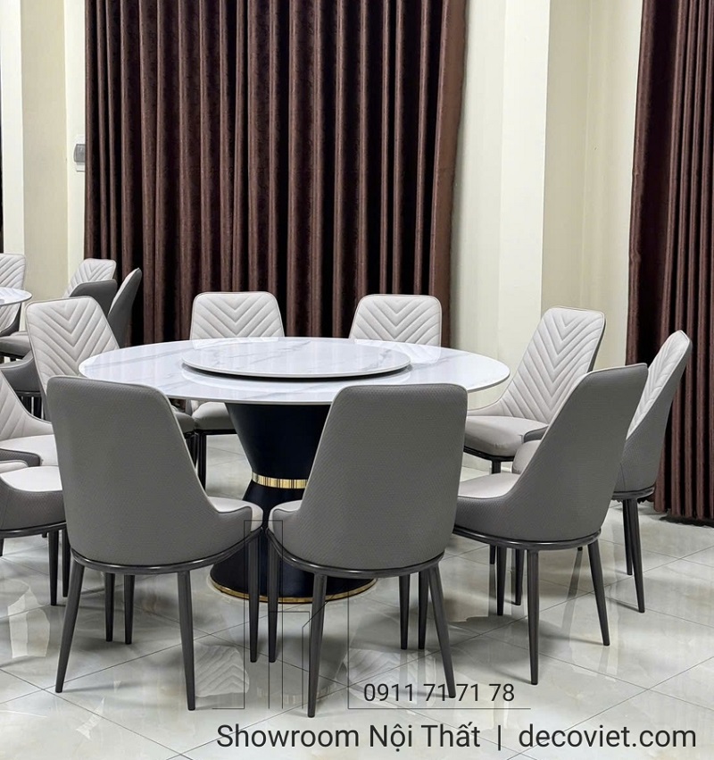 bộ bàn ăn mặt đá tròn xoay 10 ghế