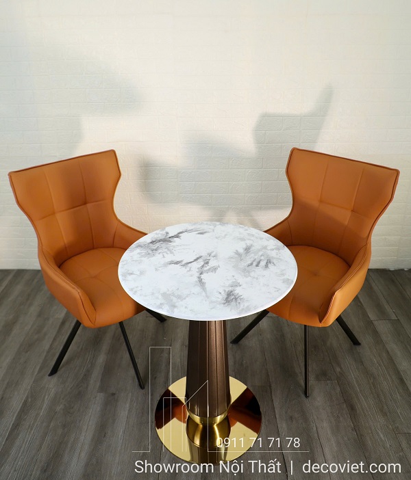 Bàn cafe tròn chân trụ đế tròn mạ vàng hiện đại