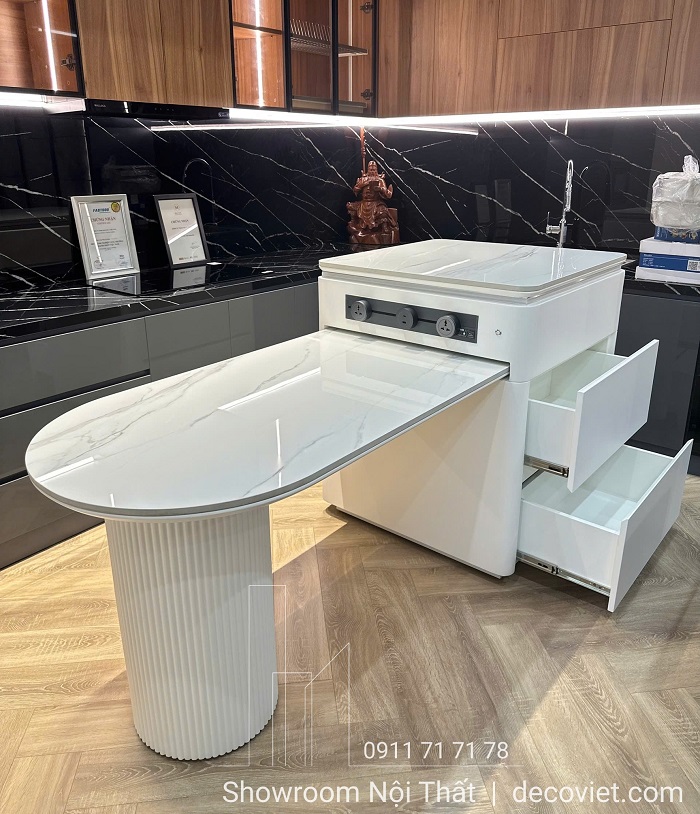 bàn đảo bếp mặt đá kết hợp bàn ăn thông minh tiết kiệm diện tích