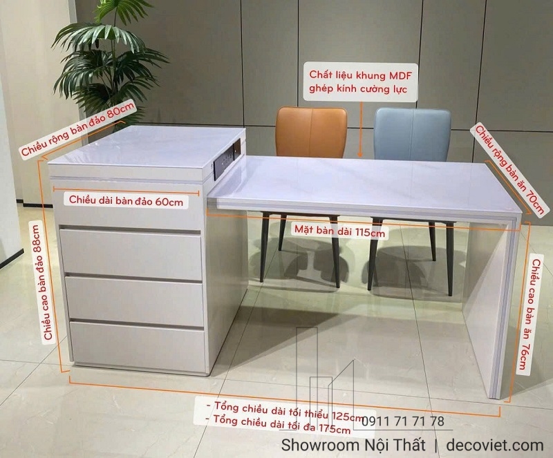 bàn đảo bếp hiện đại có mặt kính cường lực sáng bóng