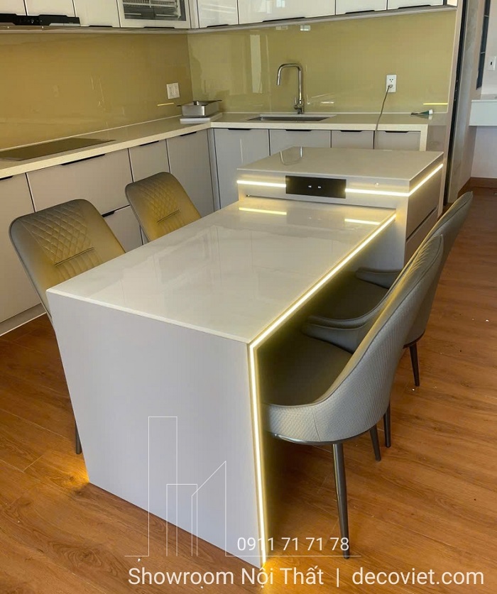 bàn đảo kết hợp bàn ăn 4 ghế hiện đại màu trung tính