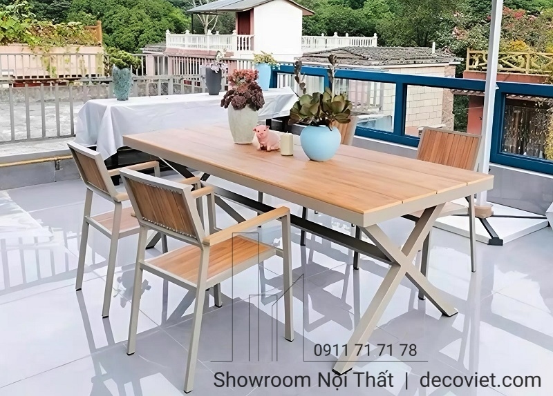 bộ bàn ghế sân vườn ngoài trời nhôm đúc giả gỗ