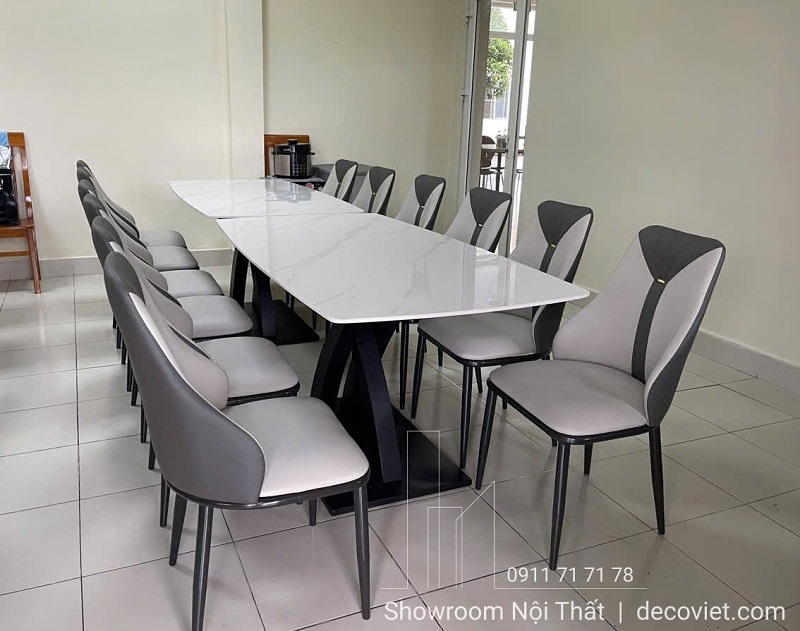 Bàn ăn mặt đá 6–8 ghế 2803S chân sắt sơn tĩnh điện chắc chắn