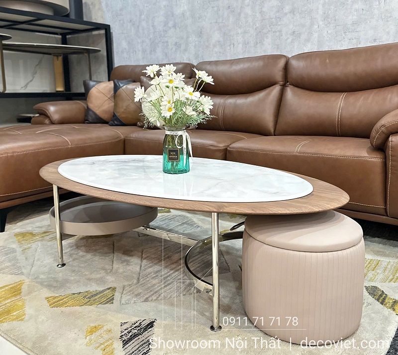 bàn trà mặt đá nhập khẩu phối gỗ có hộc chứa đồ, kiểu dáng độc đáo, sang trọng