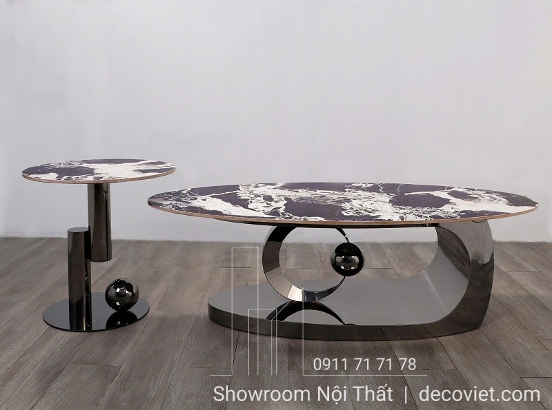 Bàn sofa mặt đá trắng viền bo oval mềm mại kiểu dáng độc đáo