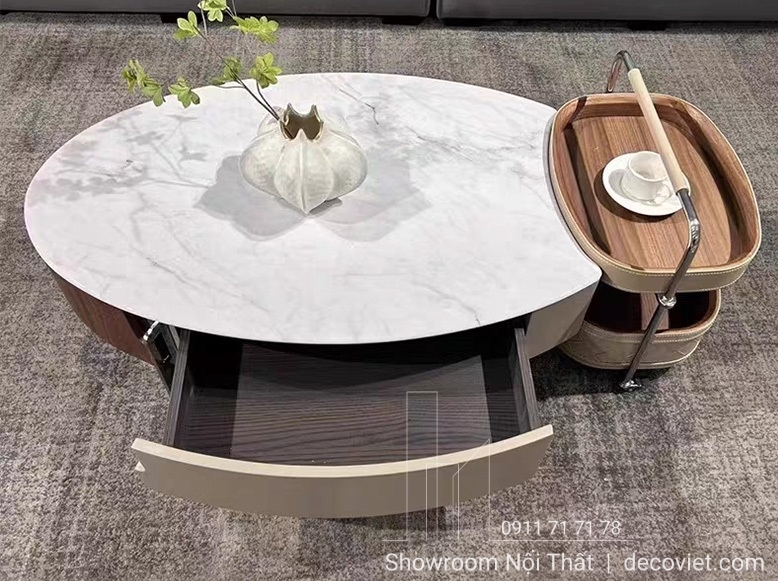 Bàn sofa mặt đá hình elip có ngăn kéo tiện lợi, thiết kế châu Âu cao cấp