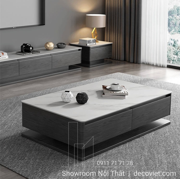 Bàn sofa mặt đá 333S phối cùng kệ tivi hiện đại trong phòng khách sang trọng