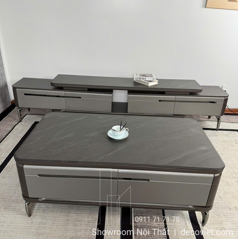 Combo bàn trà và kệ tivi mặt đá đồng bộ – điểm nhấn hoàn hảo cho phòng khách hiện đại.