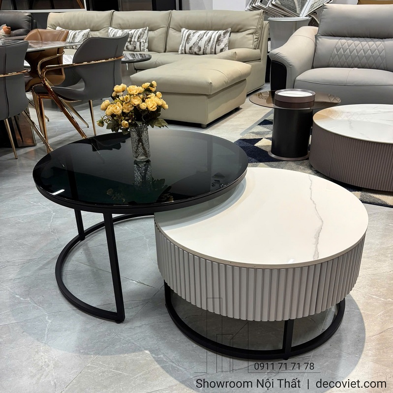 Bàn trà đôi mặt kính đen và mặt đá trắng hiện đại