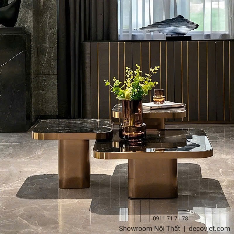 Bàn sofa inox chân vàng mặt kính cao cấp phòng khách