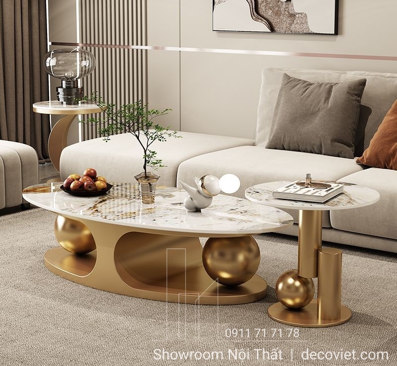 Bàn sofa oval mặt đá sang trọng kết hợp bàn tab nhỏ tiện dụng