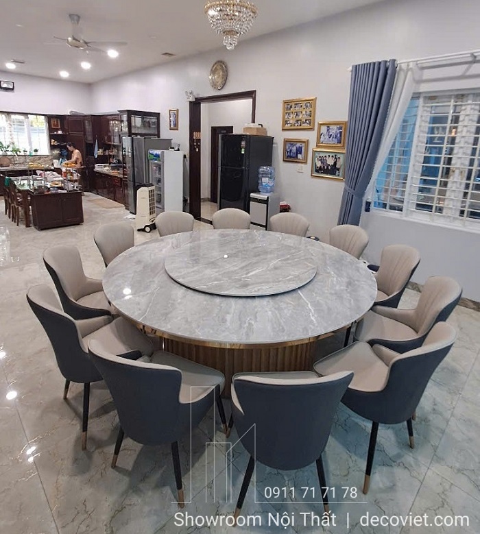 Bộ bàn ăn 12 ghế mặt đá tròn xoay cao cấp cho phòng ăn biệt thự
