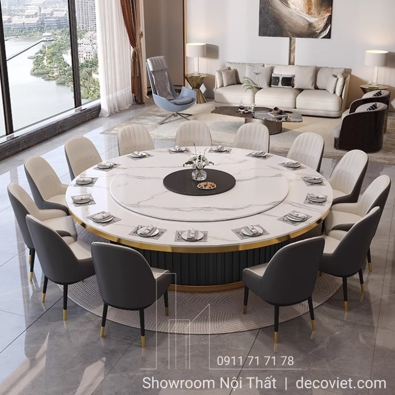 bàn ăn tròn xoay mặt đá 14 ghế