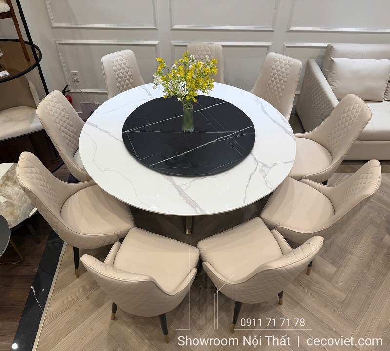 Bàn tròn xoay mặt đá 2865S chân inox cho gia đình 8 người